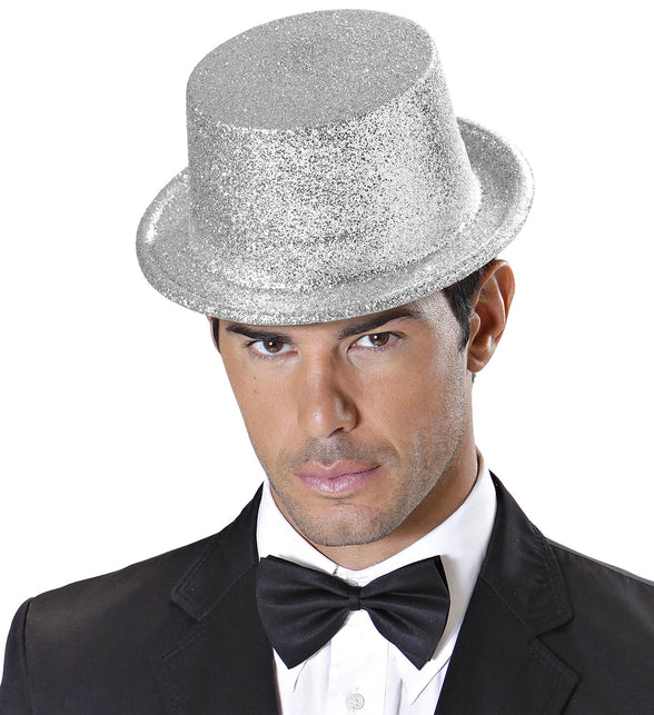 Widmann SRL Glitter hoge hoed zilver