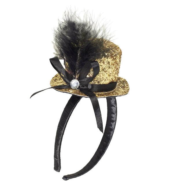 Widmann SRL Haarband glitter hoedje met veer goud