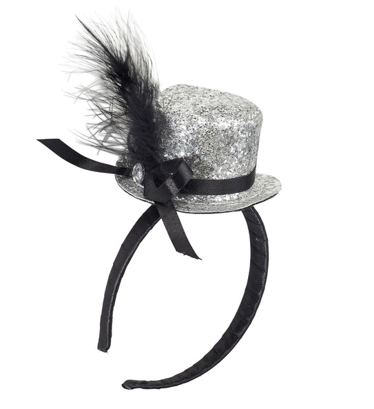 Widmann SRL Haarband glitter hoedje met veer zilver
