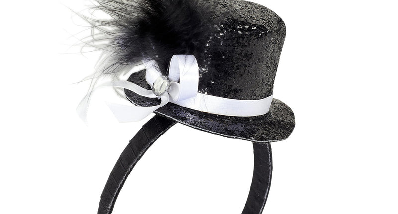Widmann SRL Haarband glitter hoedje met veer zwart