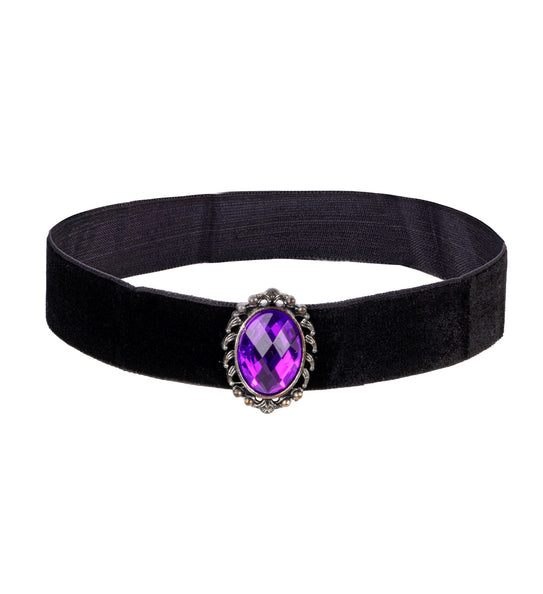 Halsband fluweel zwart met paarse steen, ovale acryl steen in zilverkleurige sierlijst