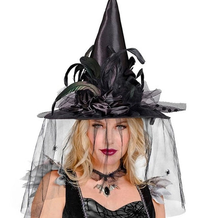 Widmann SRL Heksenhoed met tule, bloemen en veren Mats
