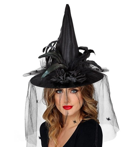 Widmann SRL Heksenhoed met tule, bloemen en veren Mats