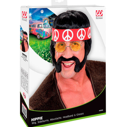Widmann SRL Hippie pruik met hoofdband en snor