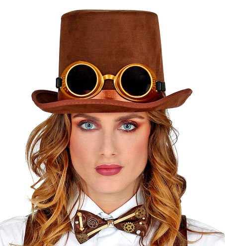 Widmann SRL Hoge hoed steampunk bruin met stofbril
