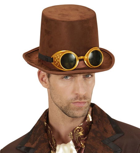 Widmann SRL Hoge hoed steampunk bruin met stofbril