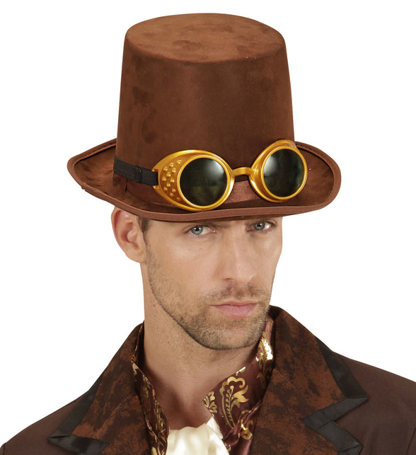 Widmann SRL Hoge hoed steampunk bruin met stofbril