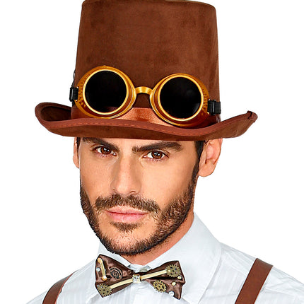 Widmann SRL Hoge hoed steampunk bruin met stofbril