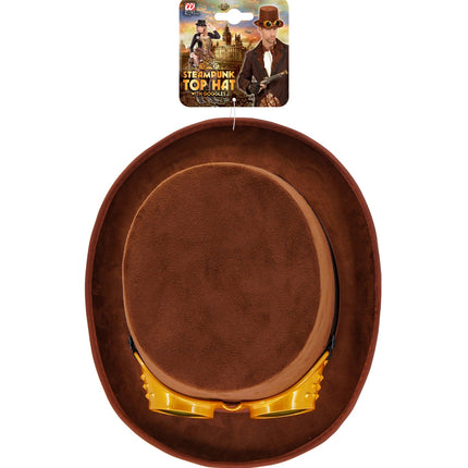 Widmann SRL Hoge hoed steampunk bruin met stofbril