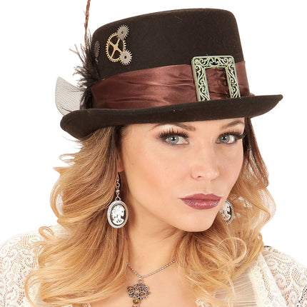 Widmann SRL Hoge hoed steampunk met veer