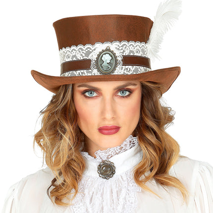 Widmann SRL Hoge hoed steampunk met veer