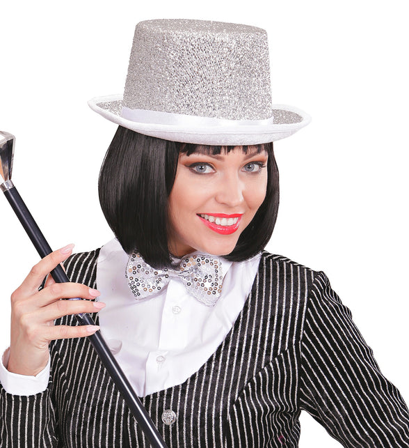 Widmann SRL Hoge hoed zilver glitter lurex