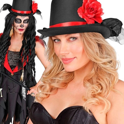 Widmann SRL Hoge hoed zwart met tule en rode roo Stijn