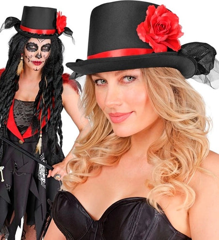 Widmann SRL Hoge hoed zwart met tule en rode roo Stijn