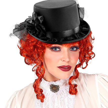 Widmann SRL Hoge hoed zwart met tule en zwarte roos