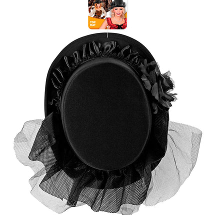 Widmann SRL Hoge hoed zwart met tule en zwarte roos