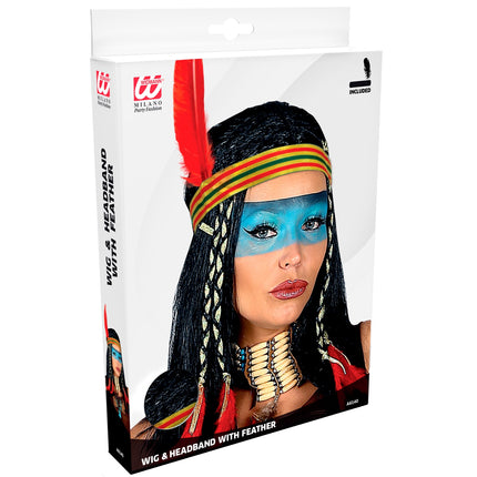 Widmann SRL Indianen pruik met vlechten en veer