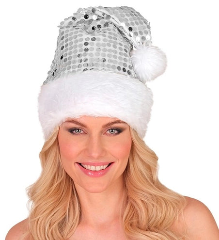 Widmann SRL Kerstman muts pluche en pailletten zilver Milan