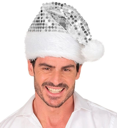 Widmann SRL Kerstman muts pluche en pailletten zilver Milan