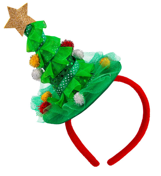 Kerstboom diadeem met groen organza boompje, gouden glitterster en gekleurde pompons op rode haarband