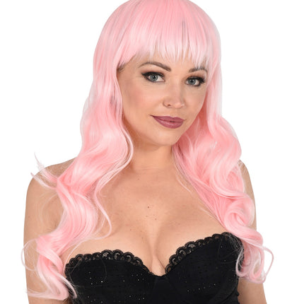 Widmann SRL Licht roze pruik met pony en lang krullend haar