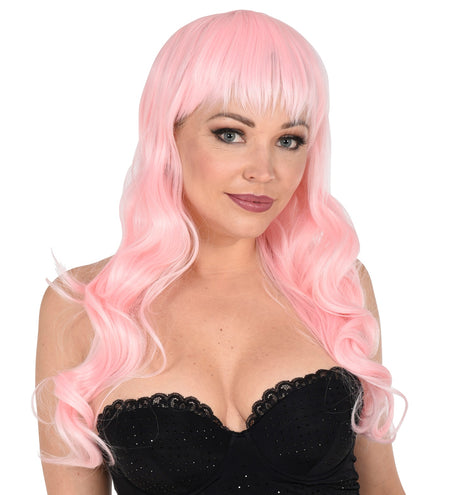 Widmann SRL Licht roze pruik met pony en lang krullend haar