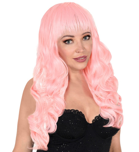 Widmann SRL Licht roze pruik met pony en lang krullend haar