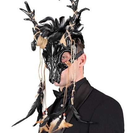 Widmann SRL Masker sjamaan schedel stier met zwarte veren Sem