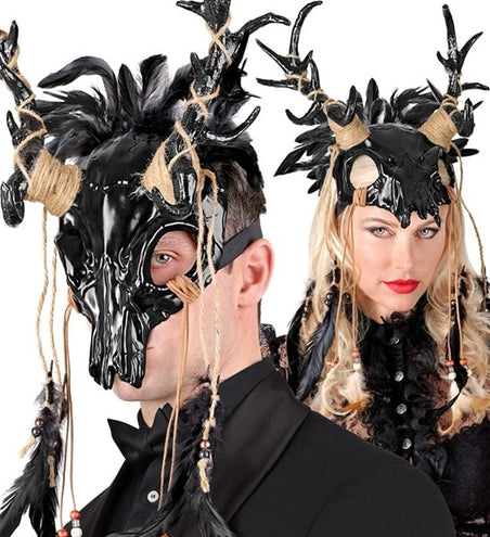 Widmann SRL Masker sjamaan schedel stier met zwarte veren Sem