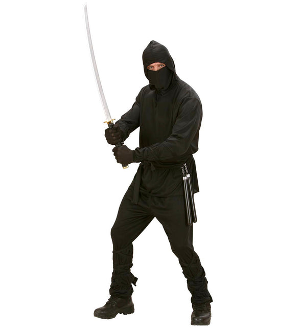 Widmann SRL Ninja pak heren zwart met kapmantel, broek, riem, masker, arm en been banden