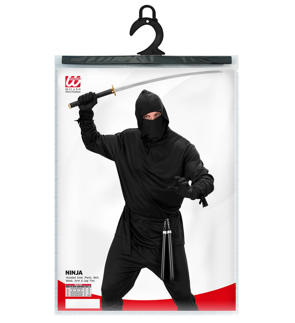 Widmann SRL Ninja pak heren zwart met kapmantel, broek, riem, masker, arm en been banden