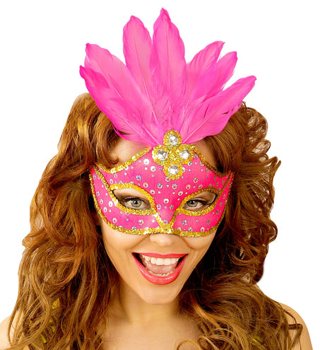 Widmann SRL Oogmasker Brazilie Met Veren En Parels Neon Rose