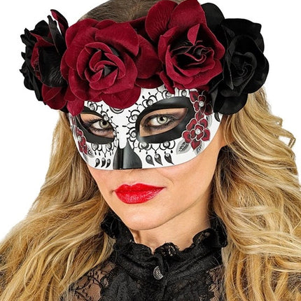 Widmann SRL Oogmasker dag van de doden met zwarte en rode rozen Lynn