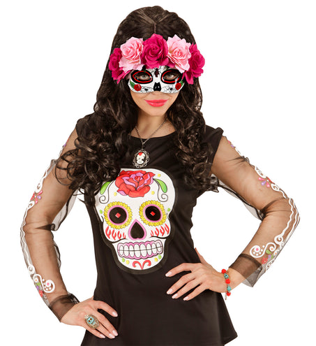 Widmann SRL Oogmasker Dia De Los Muertos met roze bloemen.