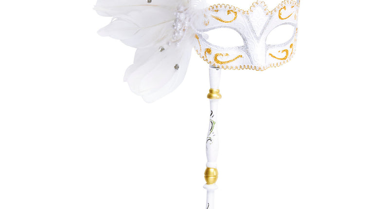 Widmann SRL Oogmasker op stokje wit met veren