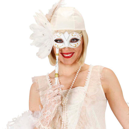 Widmann SRL Oogmasker op stokje wit met veren
