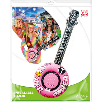 Widmann SRL Opblaasbare banjo Hippie Flower power roze