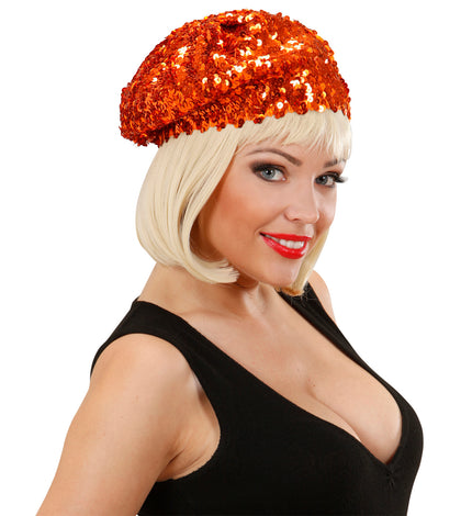 Widmann SRL Oranje baret pailletten glitter muts
