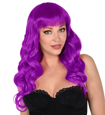 Widmann SRL Paarse pruik met pony en lang krullend haar