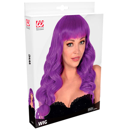 Widmann SRL Paarse pruik met pony en lang krullend haar