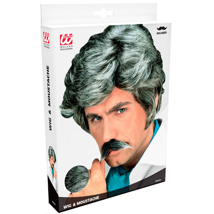 Widmann SRL Playboy pruik met snor grijs