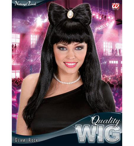 Widmann SRL pruik glamrock zwart met strik en juwelen