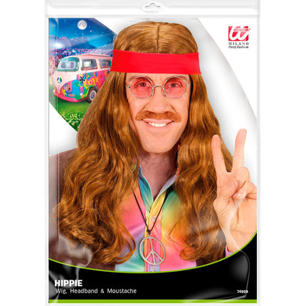 Widmann SRL Pruik, Hippie Met Hoofdband En Snor