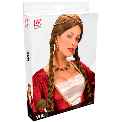 Widmann SRL pruik middeleeuwse koningin bruin in doos