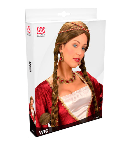 Widmann SRL pruik middeleeuwse koningin bruin in doos