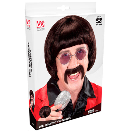 Widmann SRL pruik popster 60s bruin met snor en bril