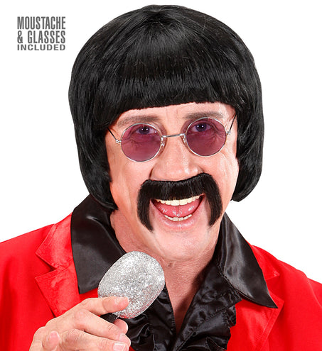 Widmann SRL pruik popster 60s zwart met snor en bril