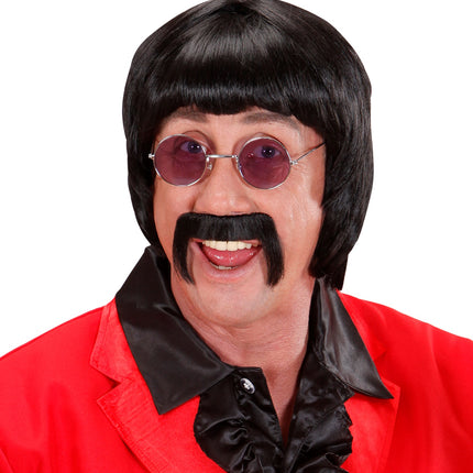 Widmann SRL pruik popster 60s zwart met snor en bril
