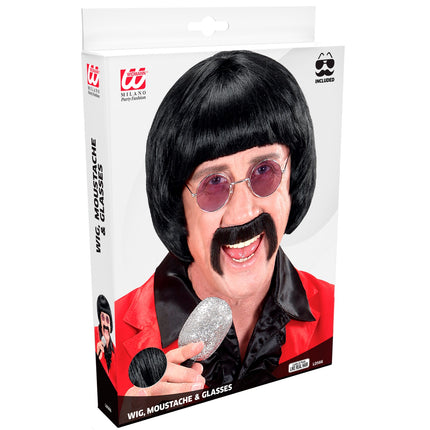 Widmann SRL pruik popster 60s zwart met snor en bril