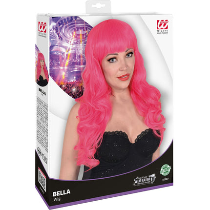 Widmann SRL Roze pruik met pony en lang krullend haar